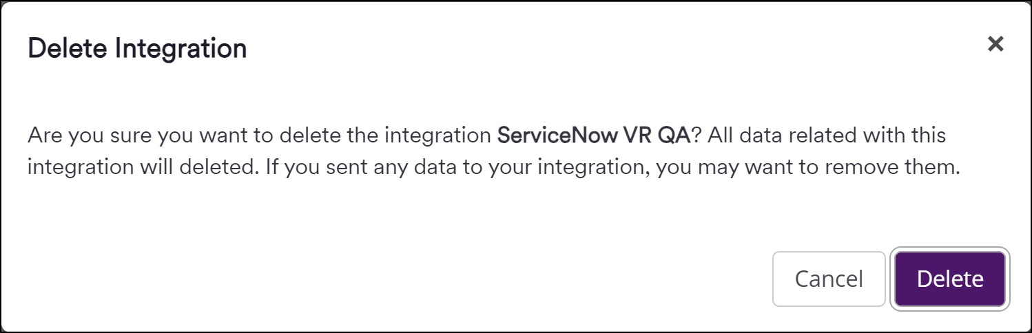 Delete integration confirmation dialog with Delete button to confirm removal
