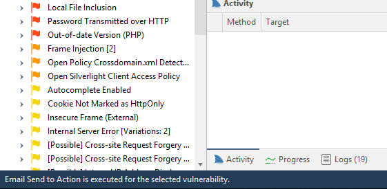 Vulnerability export process showing Send to Email option in Issues panel context menu