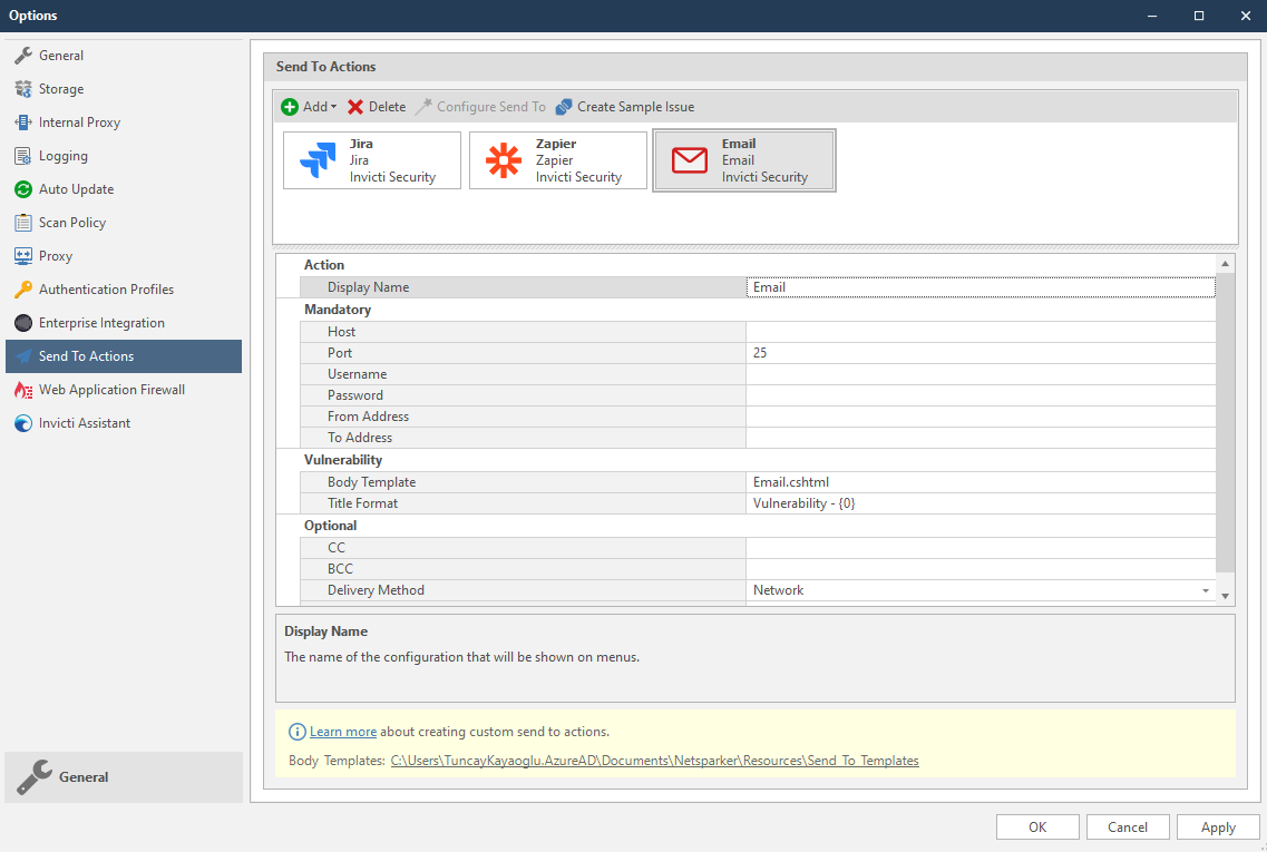 Create Sample Issue button and test confirmation dialog for email connection verification