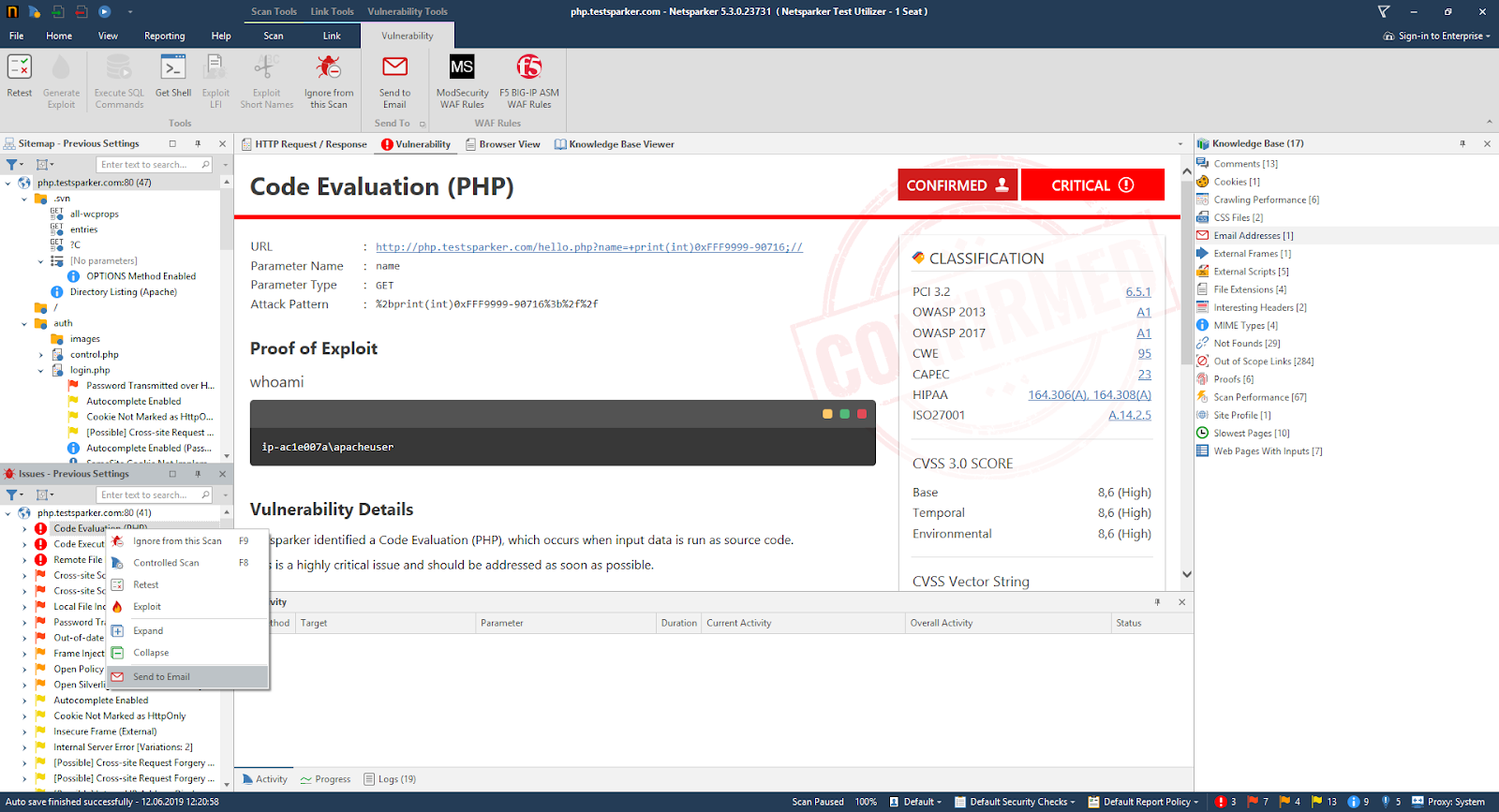 Invicti Standard scan results interface showing vulnerability list and export options