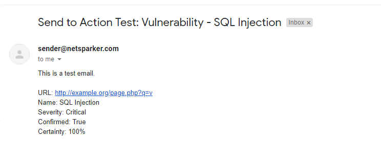 Sample test email received in configured email account showing vulnerability notification format