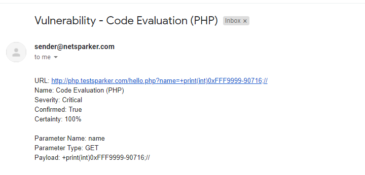 Email notification showing vulnerability details received in configured email inbox