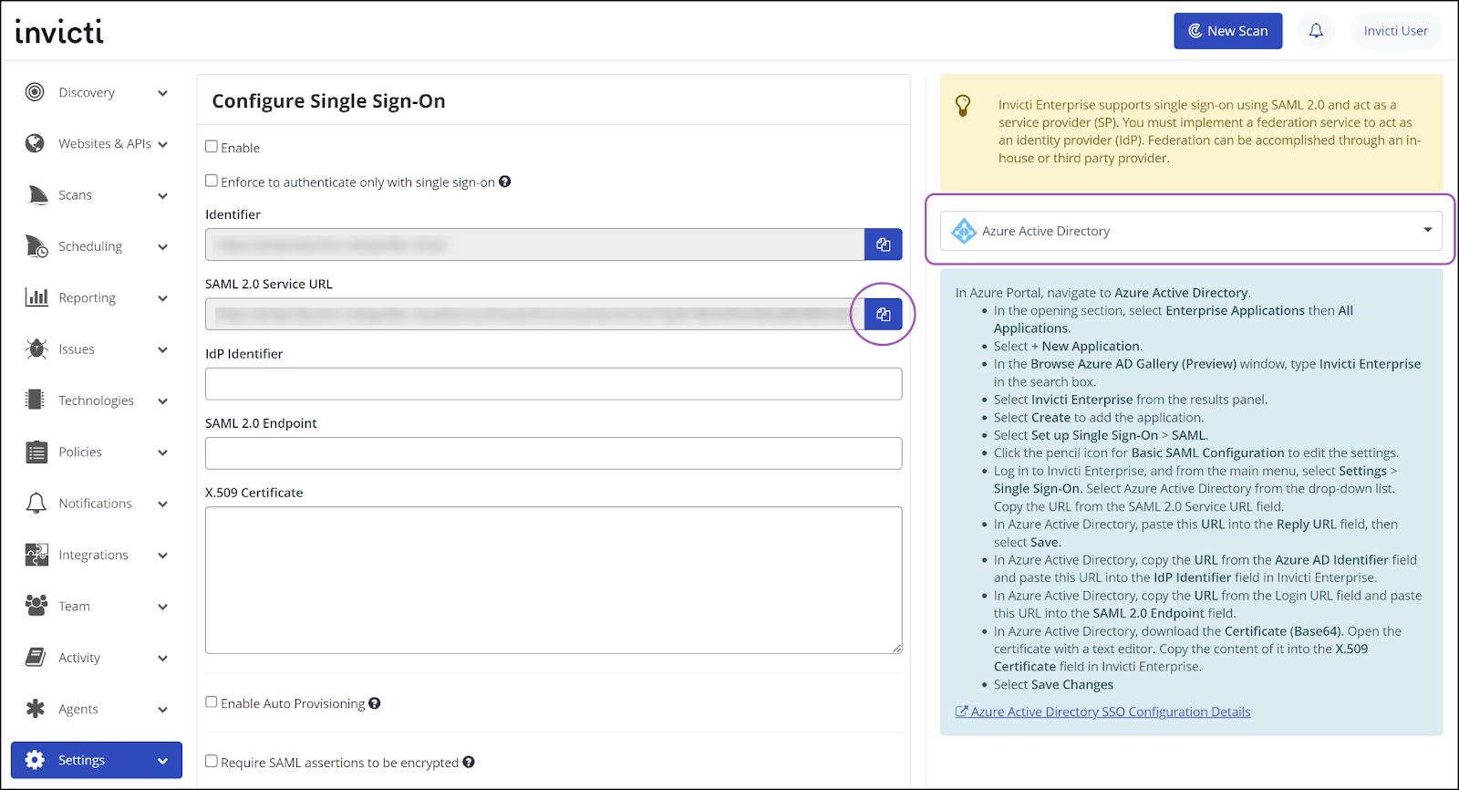 Invicti Enterprise SSO settings for Azure Active Directory