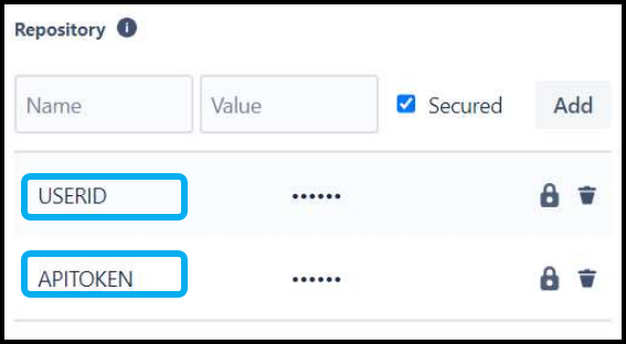 Environment variables setup showing USERID and APITOKEN configuration in Bitbucket