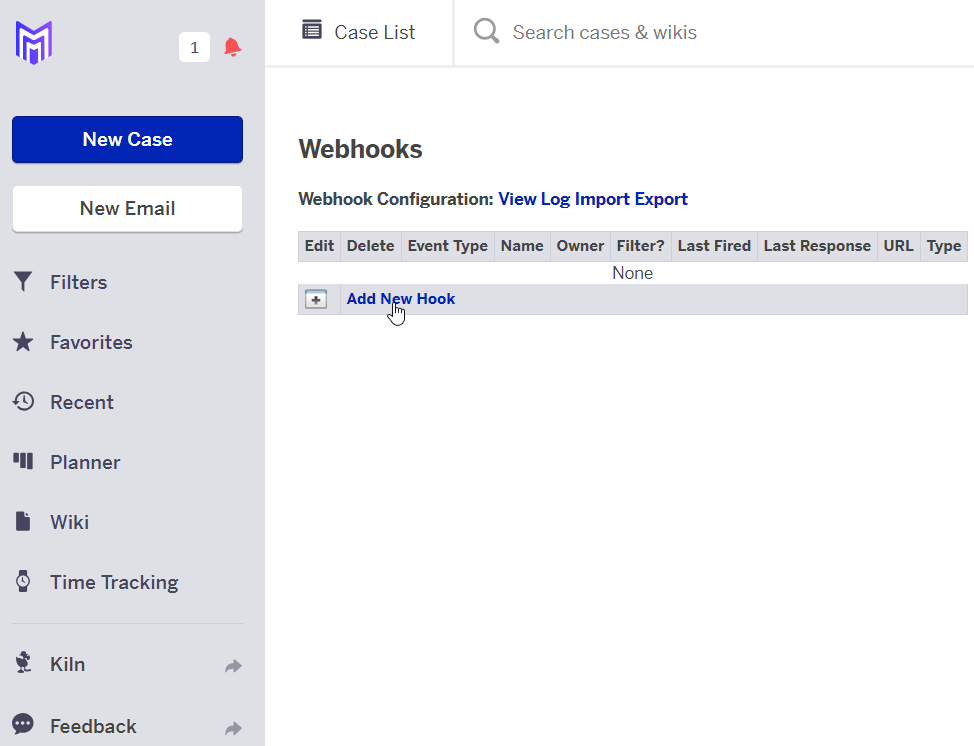 FogBugz Webhooks window showing Add New Hook button for creating webhook integration