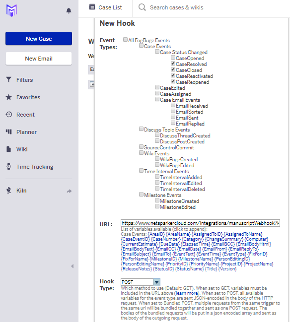 FogBugz Webhooks hooktype menu