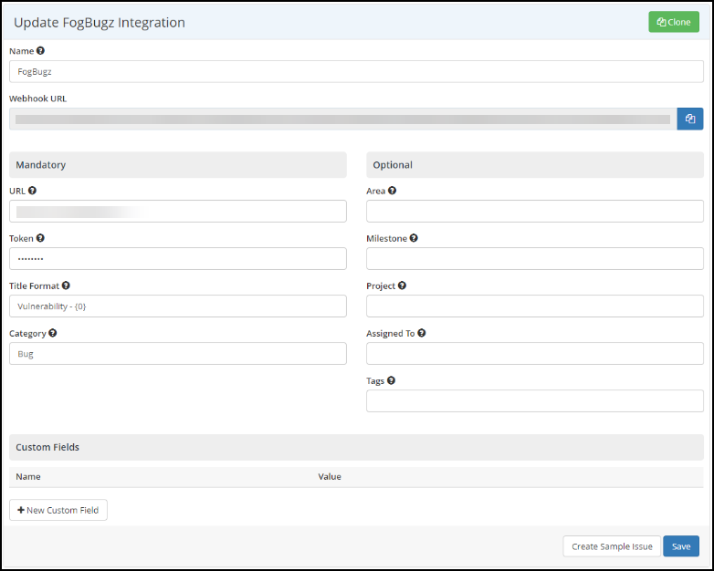 FogBugz integration settings showing Webhook URL field with copy to clipboard icon