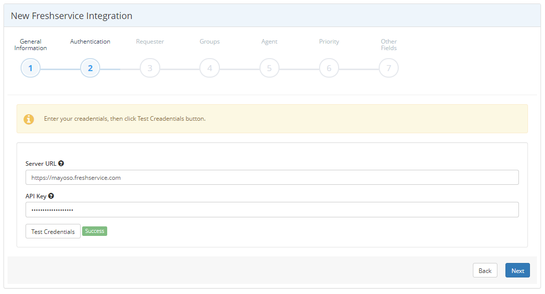 Freshservice integration Authentication step showing Server URL, API Key fields, and Test Credentials button