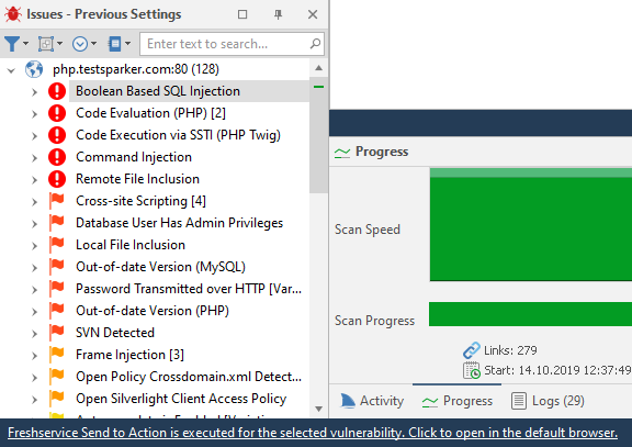 Vulnerability export process showing Send to Freshservice option in Issues panel context menu