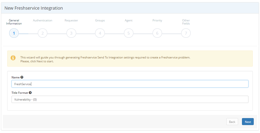 Freshservice integration wizard showing General Information step with Name and Title Format fields
