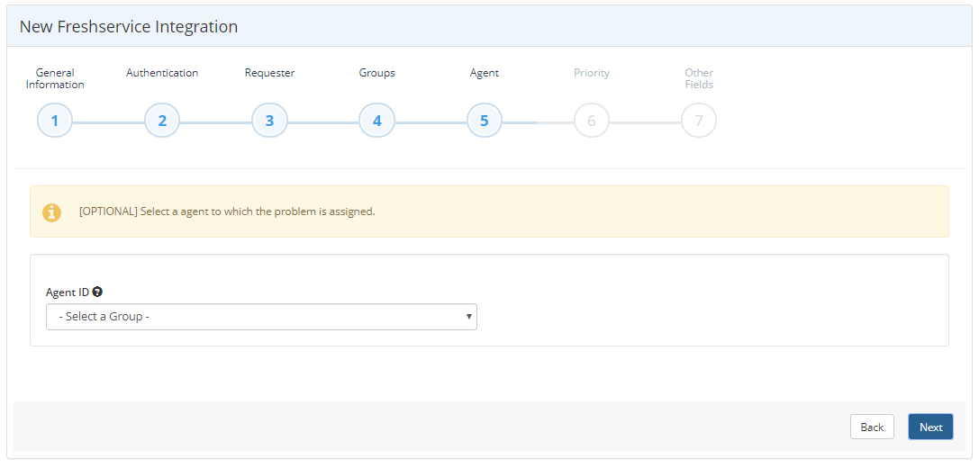 Freshservice integration Group step showing Group ID dropdown selection