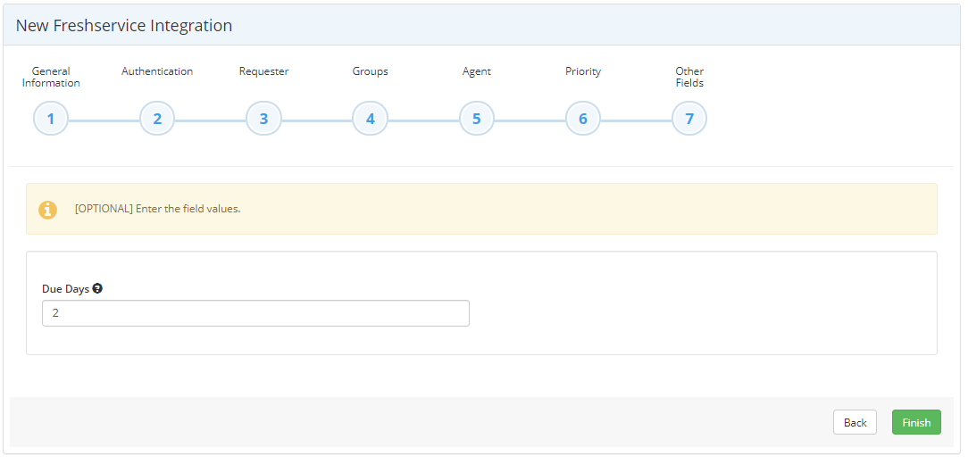Freshservice integration Other Fields step showing Due Days field configuration