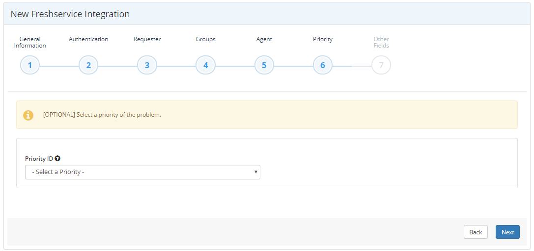 Freshservice integration Priority step showing Priority ID dropdown selection