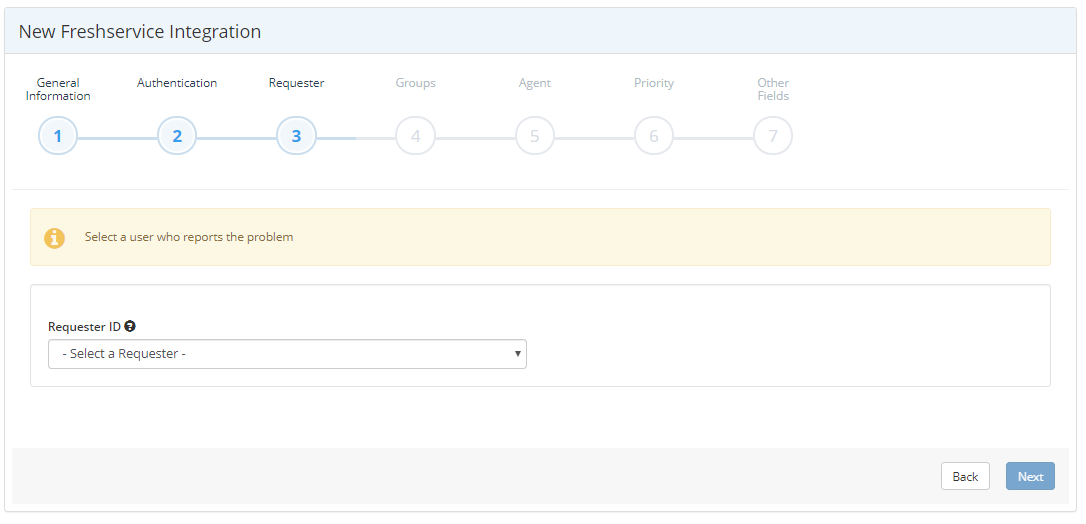 Freshservice integration Requester step showing Requester ID dropdown selection