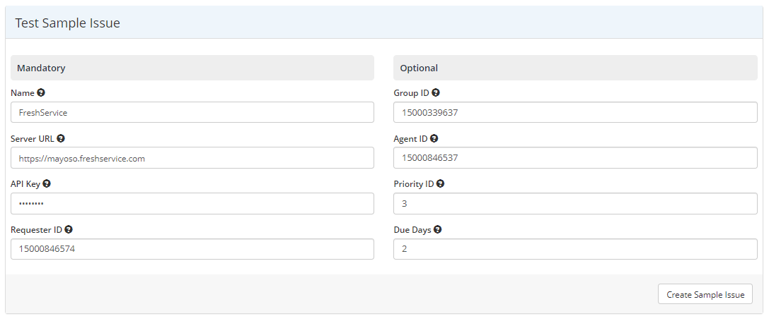 Freshservice integration page showing Create Sample Issue button and confirmation message