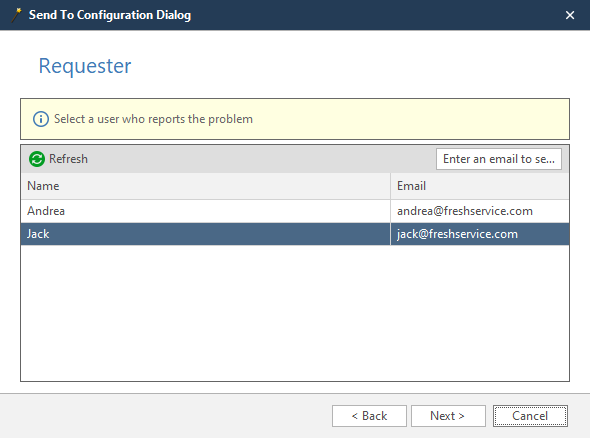 Configure Send To wizard launch button for guided Freshservice integration setup