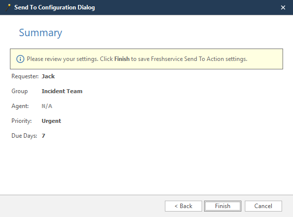 Configure Send To wizard launch button for guided Freshservice integration setup