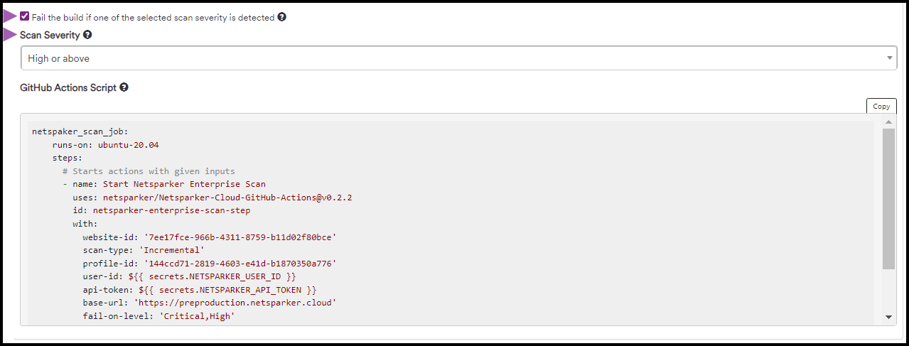 GitHub Actions build fail configuration showing scan severity dropdown and detection options