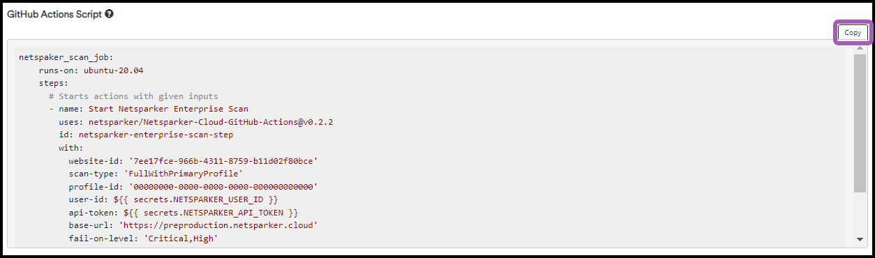 GitHub Actions Script field with copy button for copying the generated workflow script