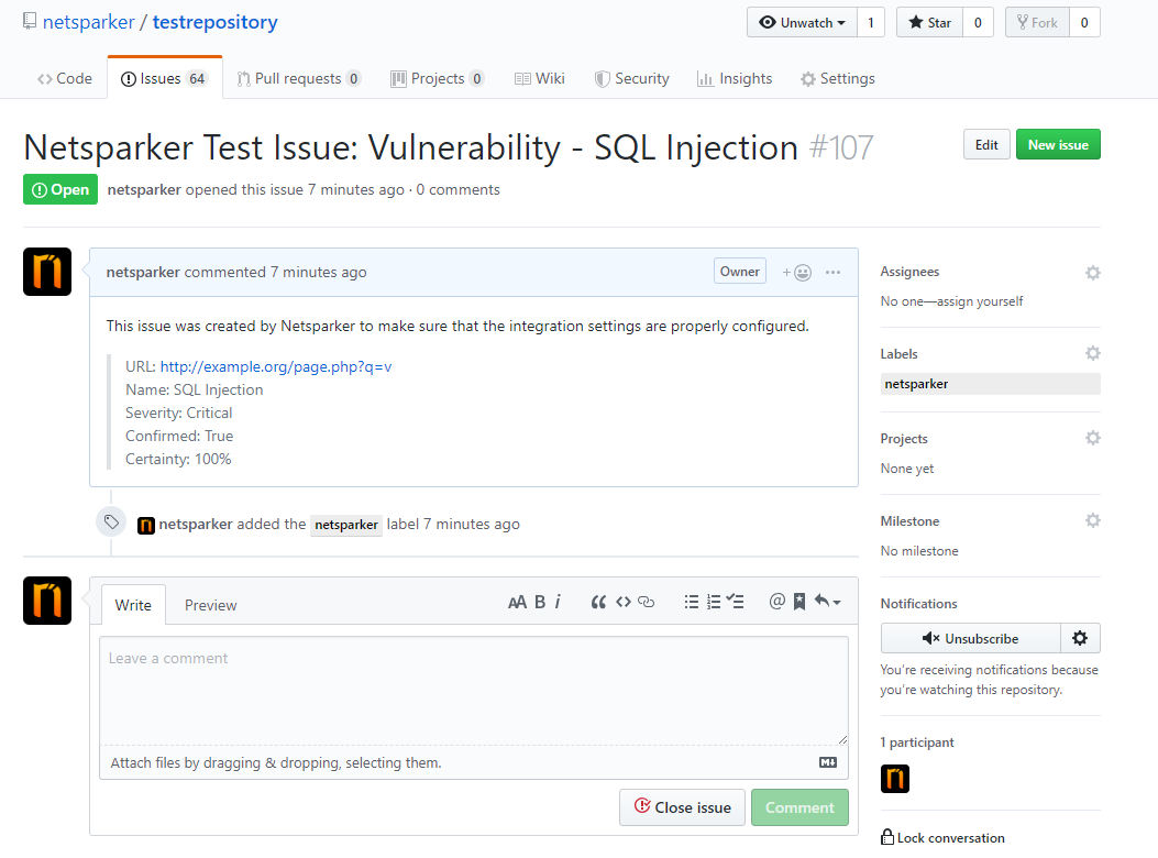 Successfully created sample issue in GitHub repository showing issue details and tracking
