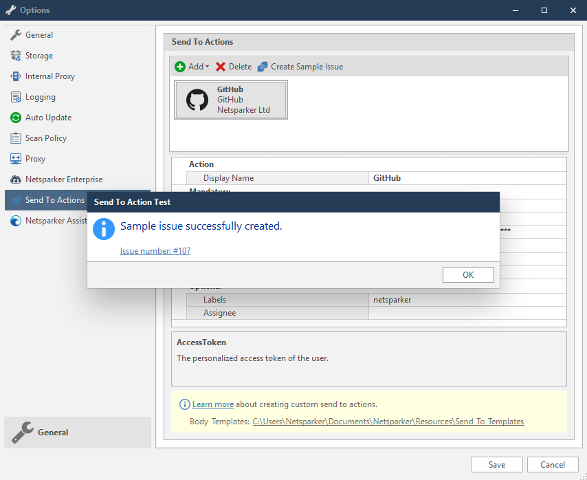 Create Sample Issue button and test confirmation dialog for GitHub connection verification