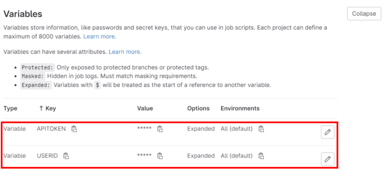 GitLab Add variable dialog showing USERID and APITOKEN variable configuration