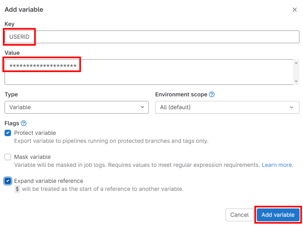 GitLab Add variable dialog