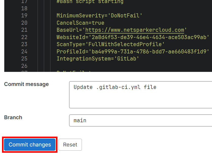 GitLab pipeline editor showing Commit changes button for saving pipeline configuration