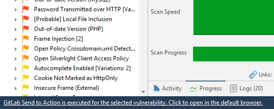 Vulnerability export process showing Send to GitLab option in Issues panel context menu