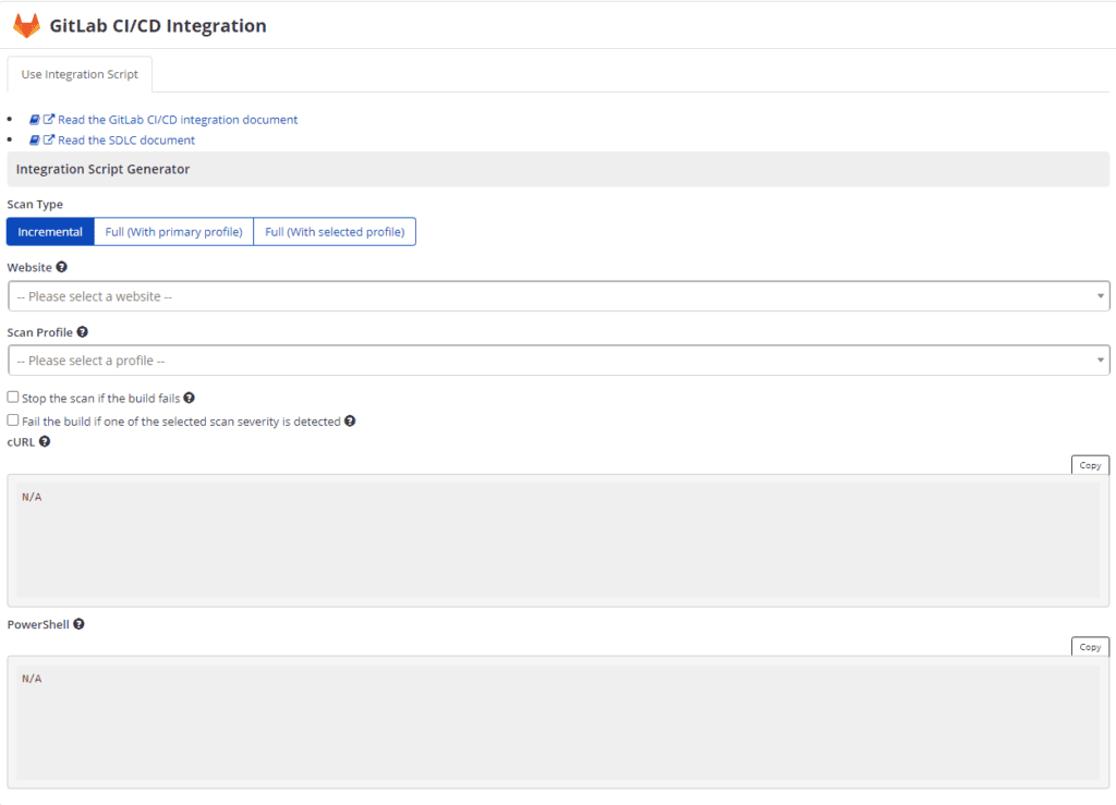 Invicti Enterprise New Integration page showing GitLab CI/CD selection