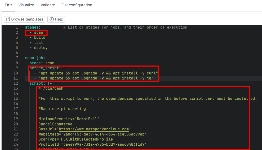 GitLab CI/CD Editor showing pipeline configuration with scan stage and integration script