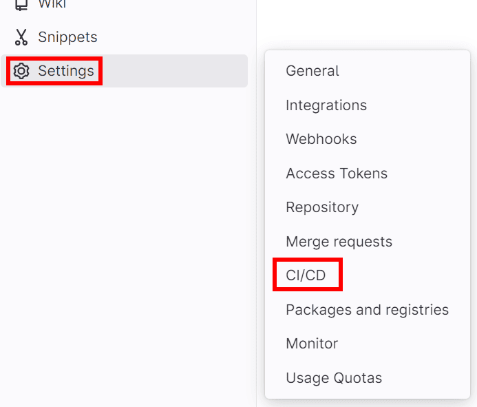 GitLab project interface showing Settings menu with CI/CD option selection