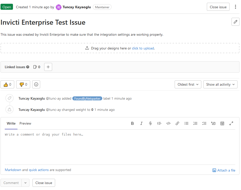 Successfully created sample issue in GitLab project showing issue details and tracking