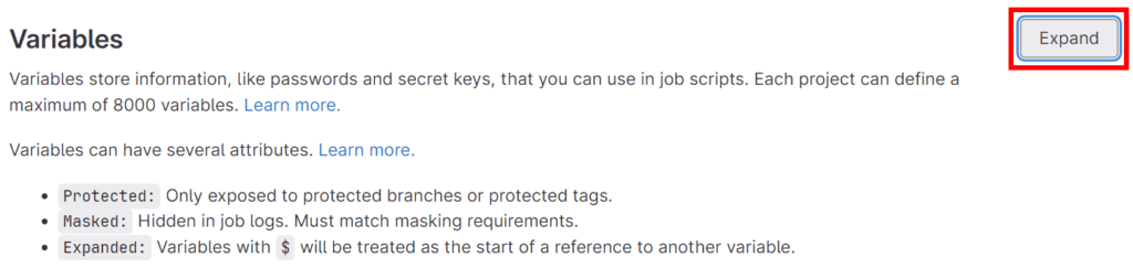 GitLab CI/CD settings showing Variables section with Expand button
