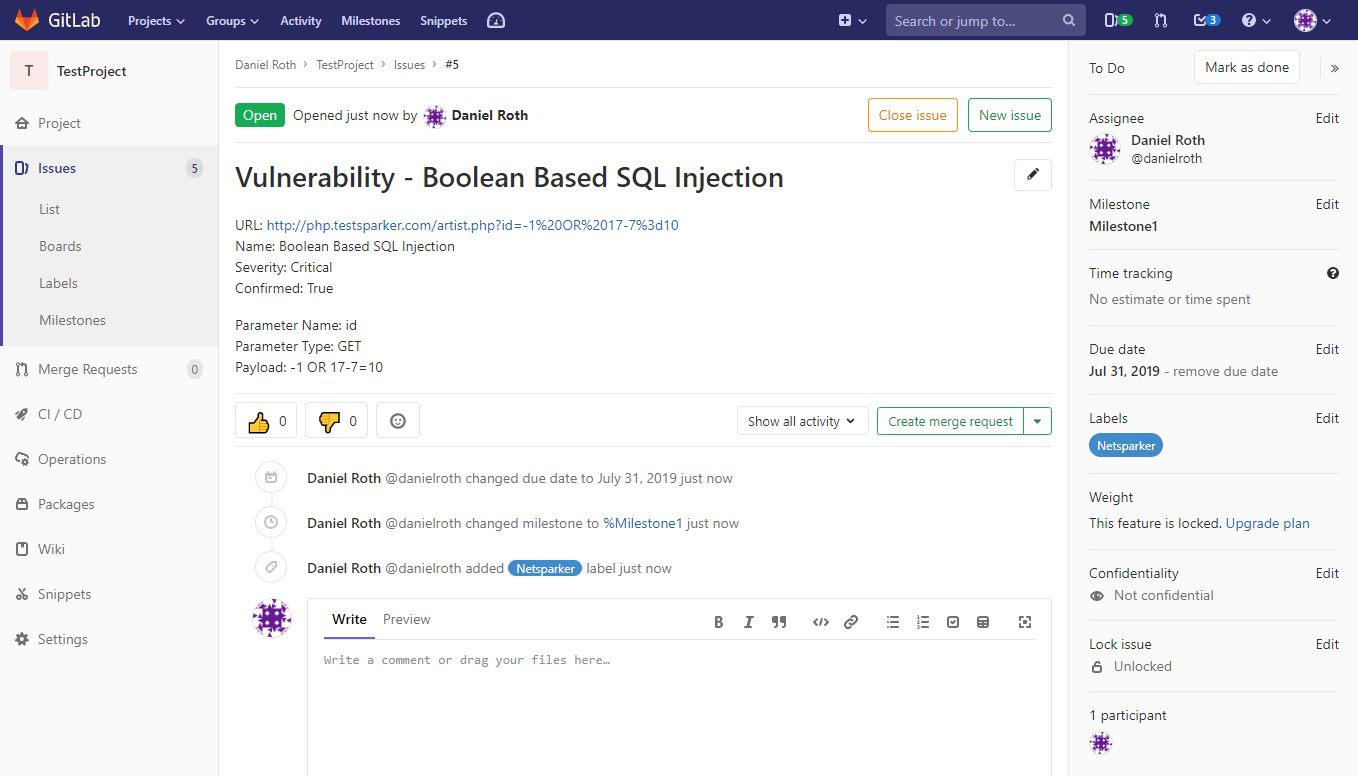 Successfully exported vulnerability displayed in GitLab Issues tab with security details