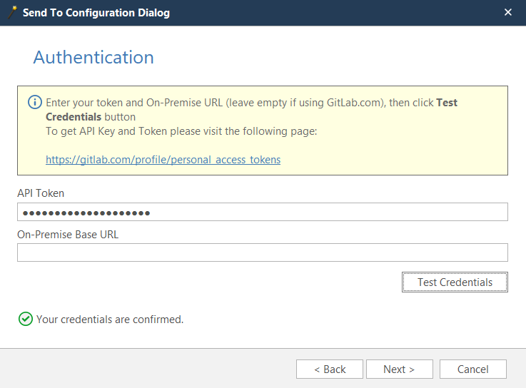 GitLab wizard authentication step showing URL and API access key configuration