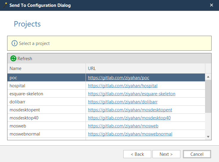 GitLab wizard authentication step showing URL and API access key configuration