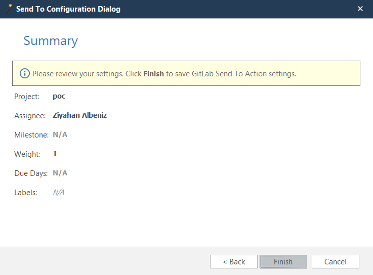 GitLab configuration wizard summary showing all configured settings before completion
