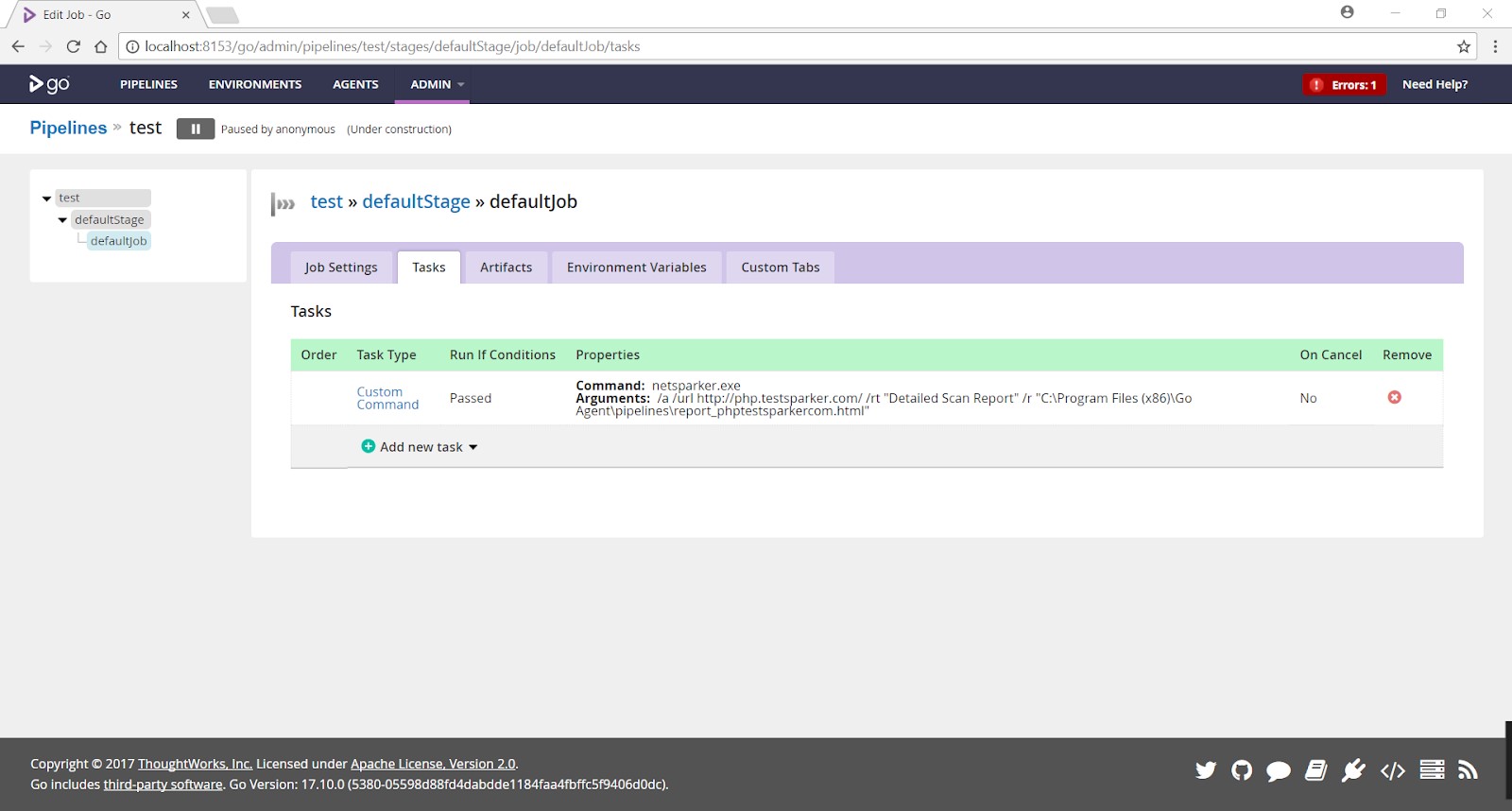 Selecting job from Jobs tab in GoCD stage configuration