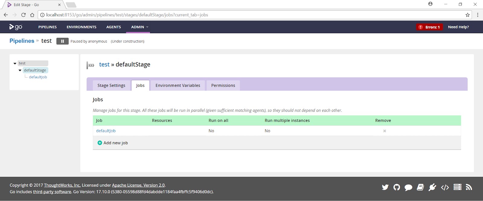 Navigating to Stages tab in GoCD pipeline configuration