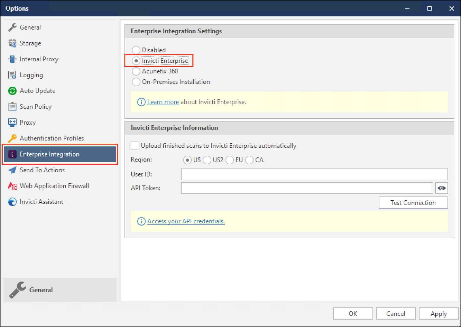 Configuring Invicti Enterprise integration options in Invicti Standard