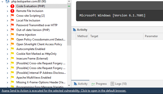 Asana export confirmation showing successful vulnerability submission with link to created task