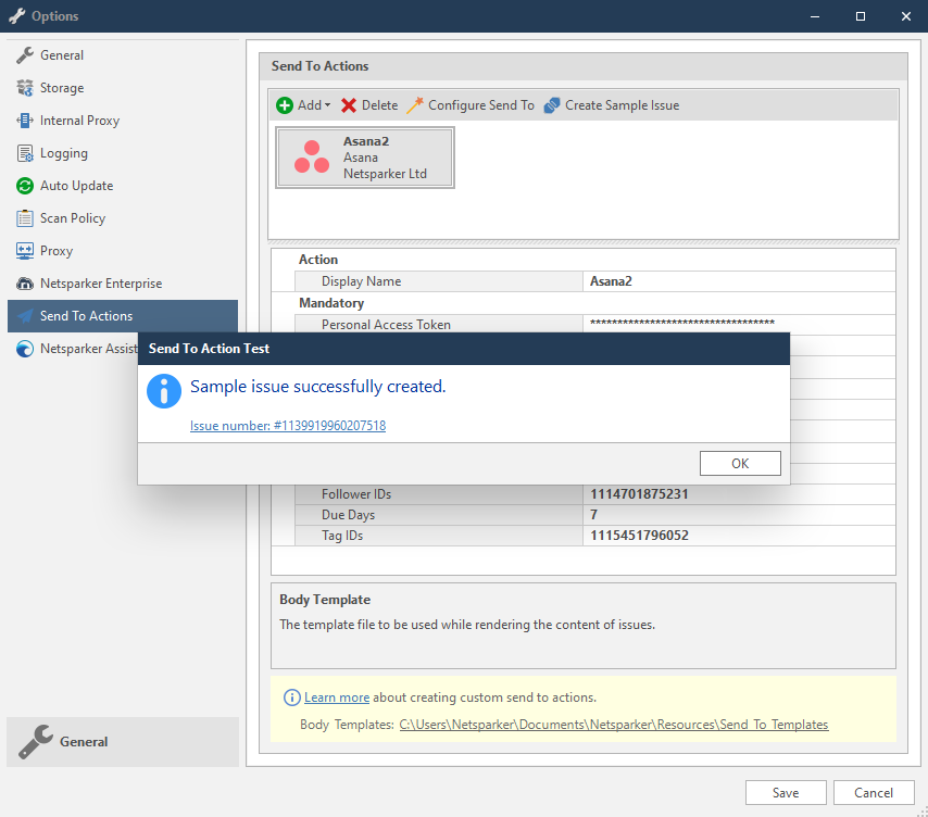 Asana Send To Action Test dialog showing sample issue creation confirmation