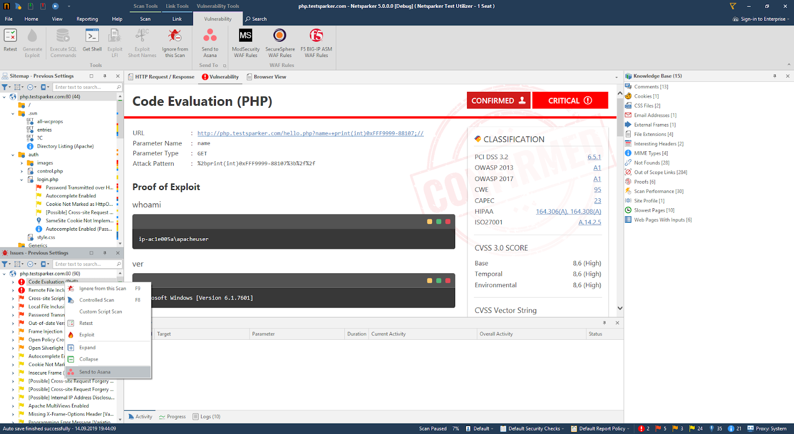 Invicti Standard scan results interface showing vulnerability list for export