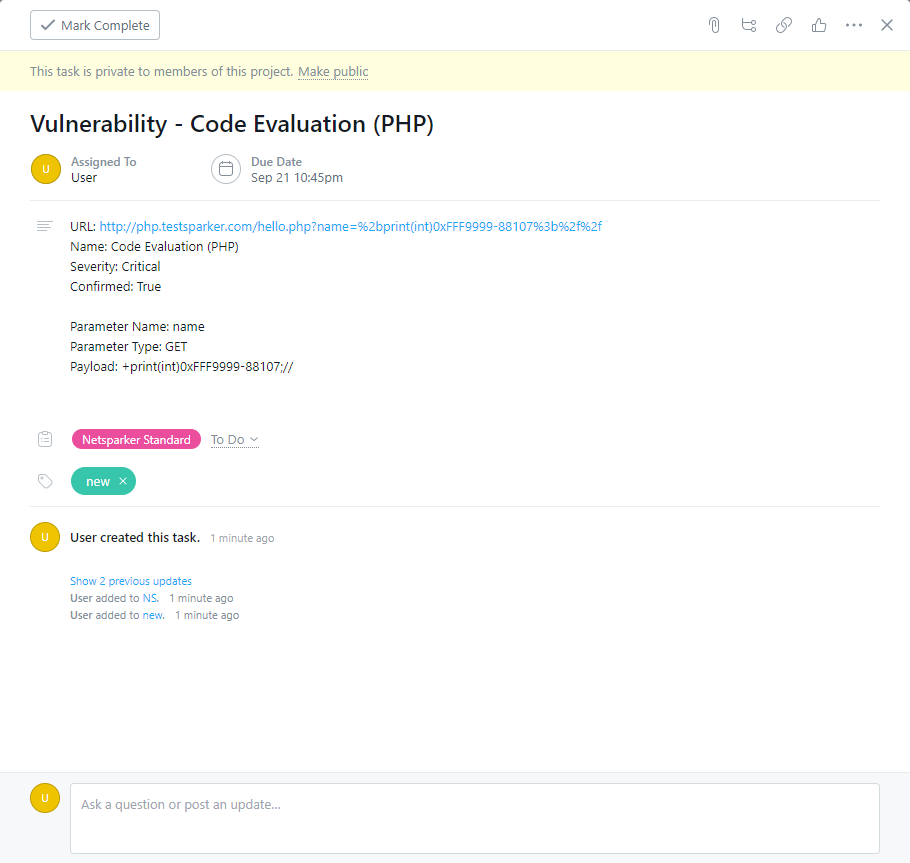 Asana view of the created task