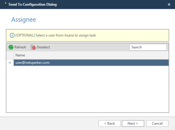 Asana wizard Assignee step showing assignee selection options