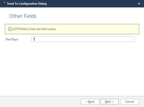 Asana wizard Other Fields step showing Due Days configuration