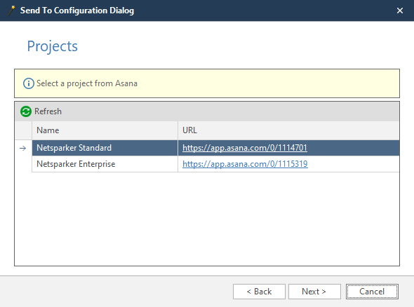 Asana wizard Projects step showing project selection dropdown