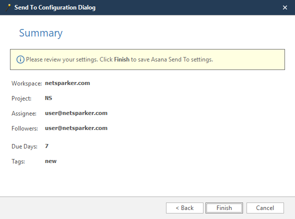 Asana wizard Summary step showing configuration review before completion