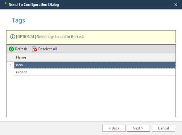 Asana wizard Tags step showing tag selection for task categorization
